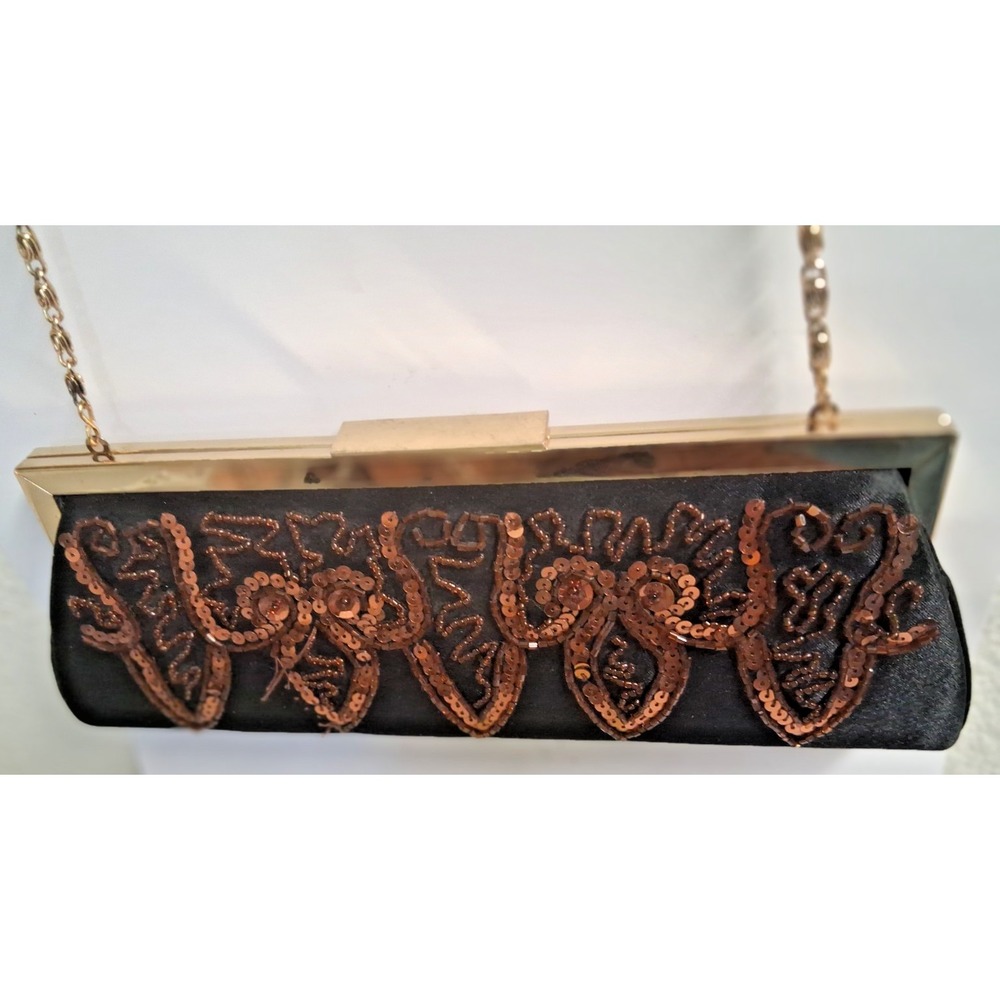 Black Evening Clutch -Rigid Gold-tone Metal Frame, Bronze Sequins